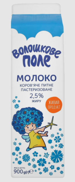 Молоко коров'яче ВОЛОШКОВЕ ПОЛЕ пастеризоване, пляшка картонна, 2,5%, 900г